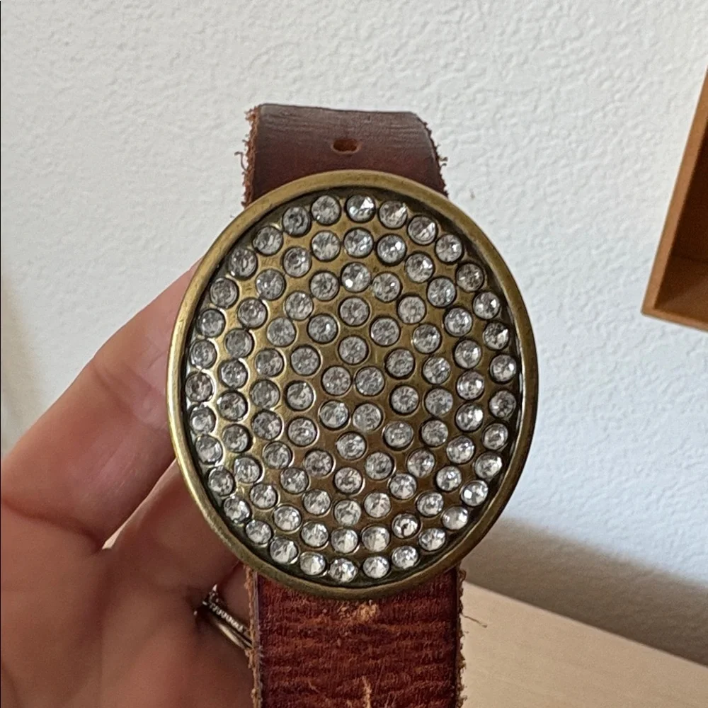 VINTAGE GAP Y2K Brown Leather Belt with Crystal Round Buckle